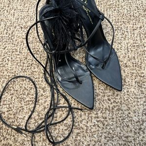 Olivia Ferragamo Black Strap Heels With Fur Size 10